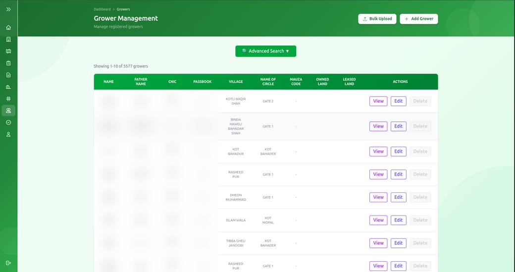 AgriFlow digital grower registry listing registered sugarcane growers by village and cane circle