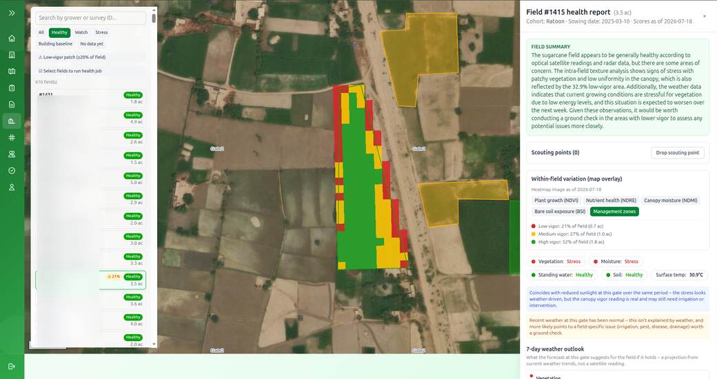 AgriFlow within-field vigour zones for a sugarcane field, showing low, medium and high vigour areas with acreage